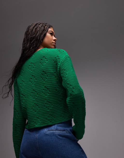 Topshop - Gestrikt kabelgebreid pointelle vest in groen, 4 van 4