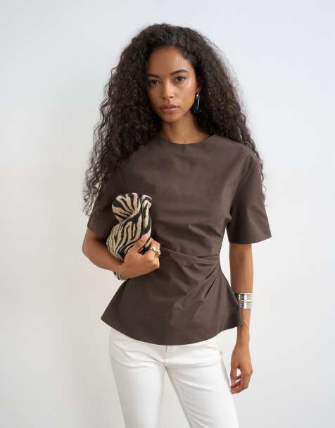 Topshop gestructureerde top met korte mouwen en gerimpelde zijkant in chocoladebruin - view 1