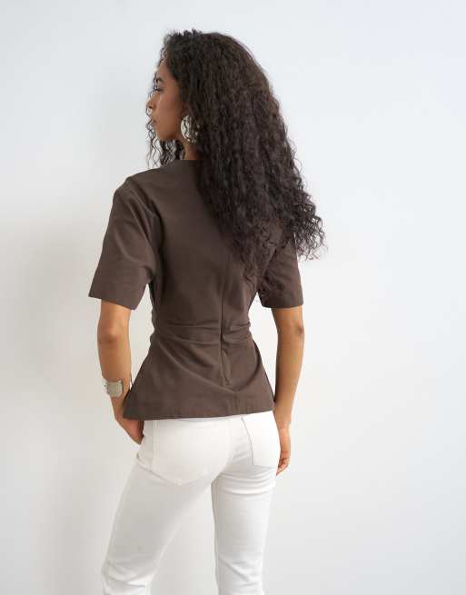 Topshop gestructureerde top met korte mouwen en gerimpelde zijkant in chocoladebruin, 3 van 4