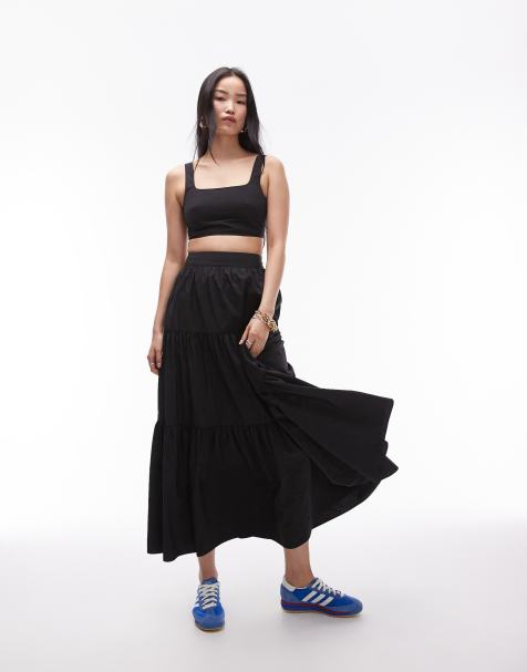 Topshop ‑ Gestufter Maxirock in Schwarz aus Taft, Kombiteil - view 1