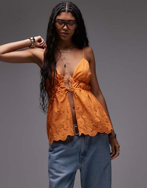 Topshop – Gestuftes Camisole in Orange mit Durchbruchdesign und Bindedetail vorn - view 1