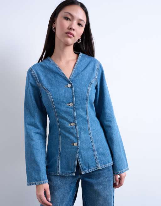 Topshop - Getailleerd denim overhemd met V-hals in middenblauw, 2 van 4