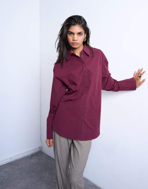Topshop - Getailleerd oversized poplin overhemd in bordeauxrood