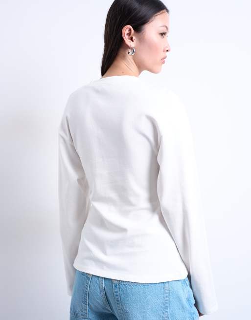 Topshop - Getailleerd T-shirt met structuur en lange mouwen in wit, 4 van 4