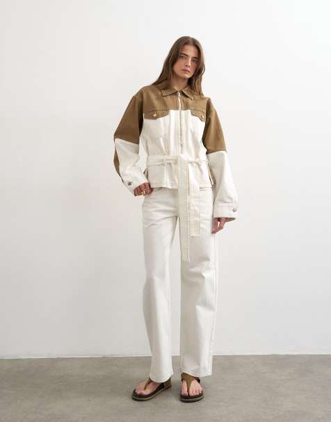 Topshop - Getailleerd tweekleurig denim jack in ecru en bruin - view 1