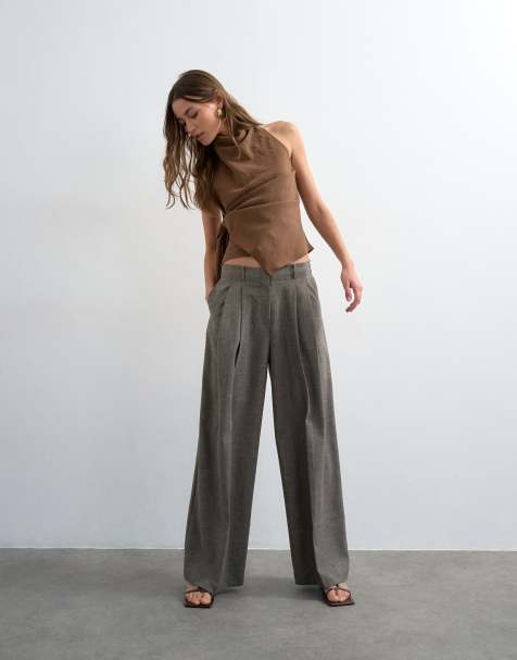 Topshop - Getailleerde broek met onafgewerkte zoom en dubbele plooien in gemêleerd grijs - view 1