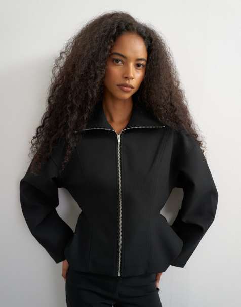 Topshop getailleerde top met rits en peplum in zwart - view 1