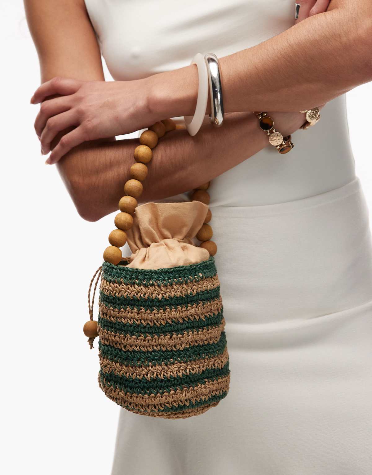 Topshop Gevvie beaded handle straw bag in green stripe