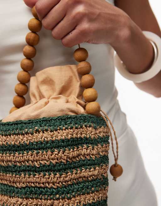 Topshop Gevvie beaded handle straw bag in green stripe