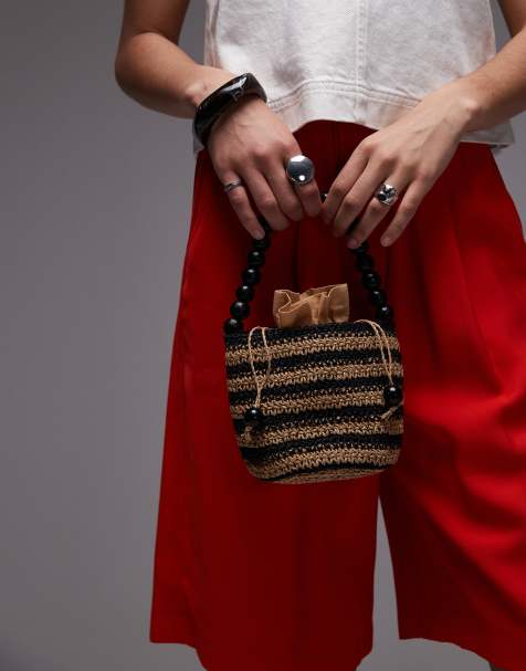Topshop – Gevvie – Słomkowa torba typu worek z koralikową rączką w czarne paski - view 1