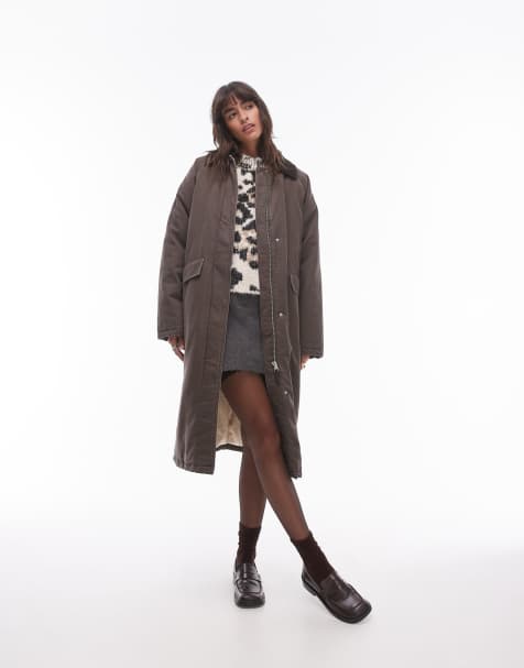 Topshop - Gewatteerd jack met katoenlook en lange pasvorm en kraag van corduroy in bruin - view 1