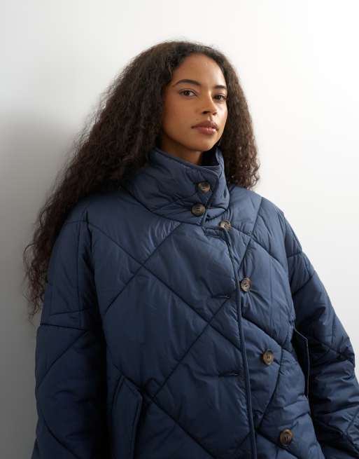 Topshop gewatteerd pufferjack met knoopsluiting in donkerblauw, 3 van 4