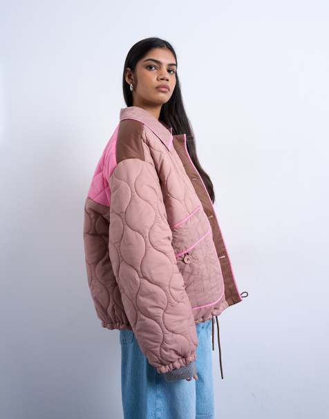 Topshop - Gewatteerd shacket met patchwork en contrastbiezen in roze - view 1