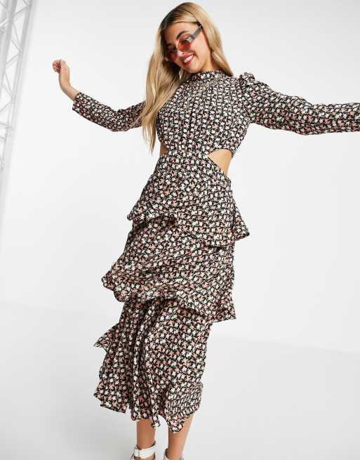 Topshop - Geweven midi jurk met lagen en uitsnijdingen in multi, 4 van 4
