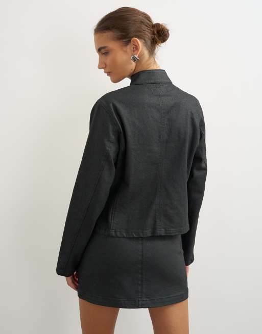 Topshop giacca aderente in denim spalmato nera, 4 di 4