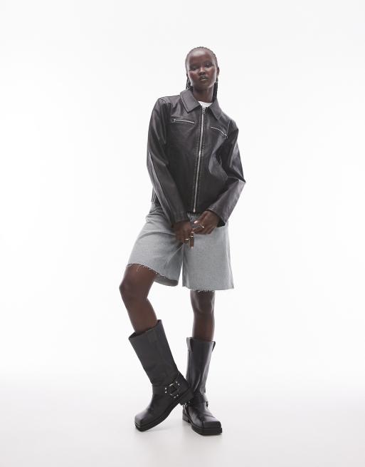 Topshop - Giacca aderente in pelle sintetica nero slavato, 2 di 4