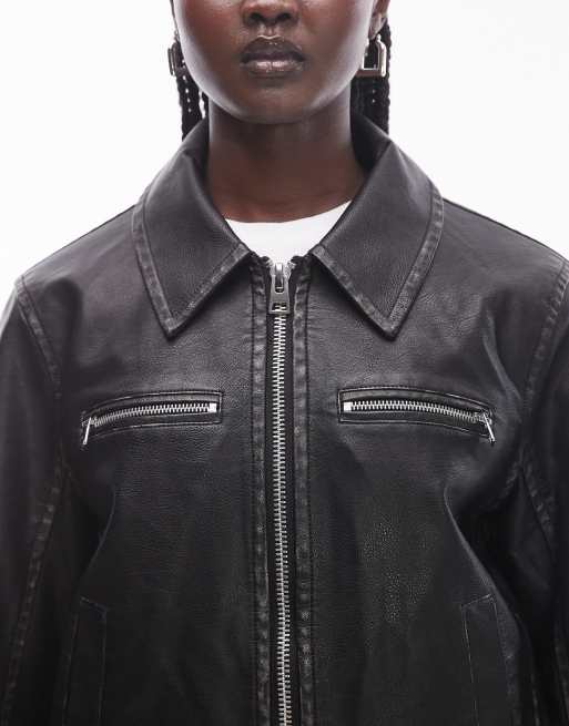 Topshop - Giacca aderente in pelle sintetica nero slavato, 4 di 4