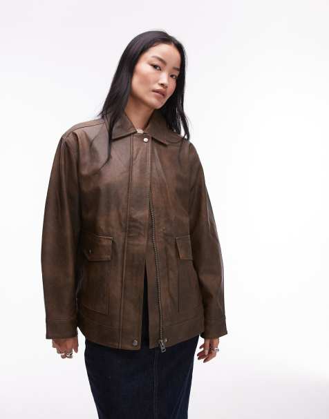 Topshop - Giacca anni '90 in pelle sintetica marrone slavato con tasche applicate e zip - view 1