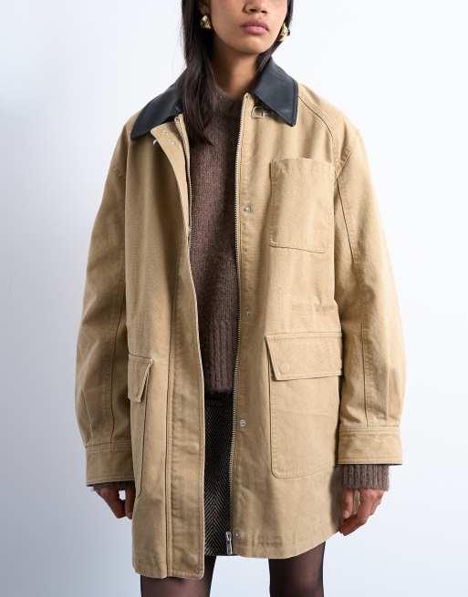 Topshop - Giacca barn super oversize color cuoio con fibbia