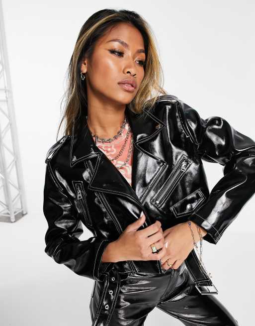 Topshop - Giacca biker corta nera in vinile in coordinato