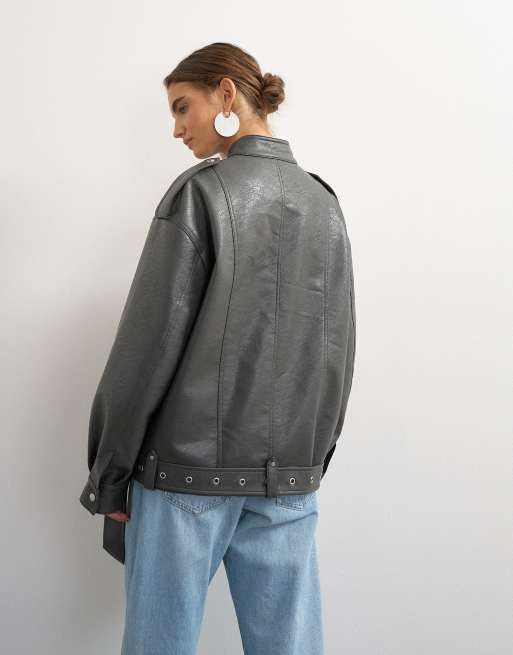 Topshop giacca biker in pelle sintetica con dettagli metallici grigia, 3 di 4