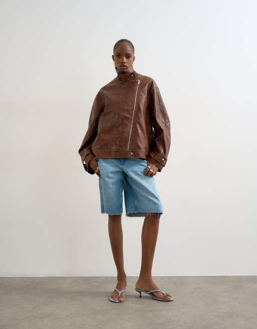 Topshop - Giacca biker in pelle sintetica marrone slavato con collo a imbuto, 3 di 4