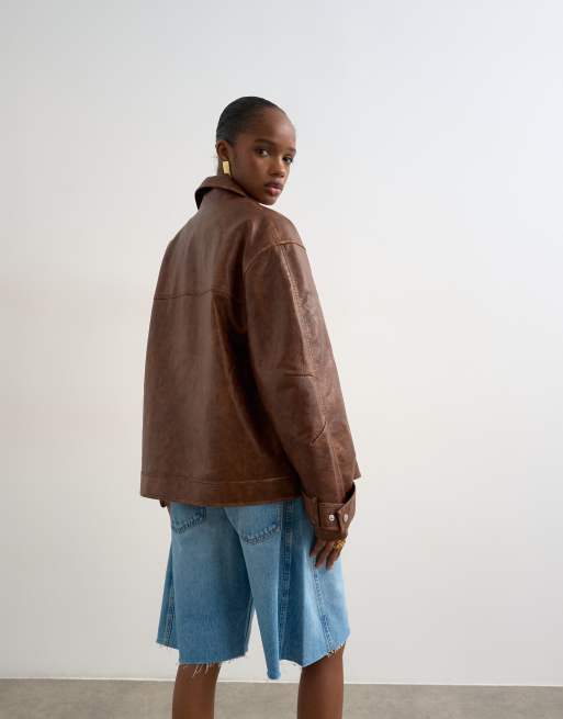 Topshop - Giacca biker in pelle sintetica marrone slavato con collo a imbuto, 4 di 4