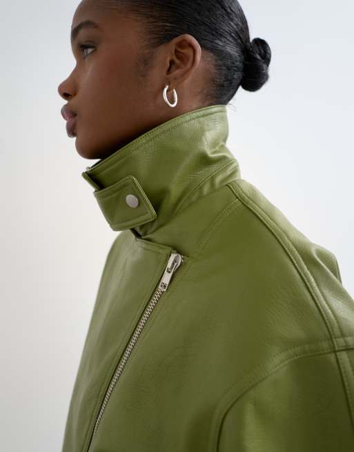 Topshop - Giacca biker in pelle sintetica verde con collo a imbuto, 3 di 4