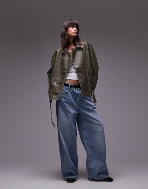 Topshop - Giacca biker in pelle sintetica verde slavato super oversize - view 1