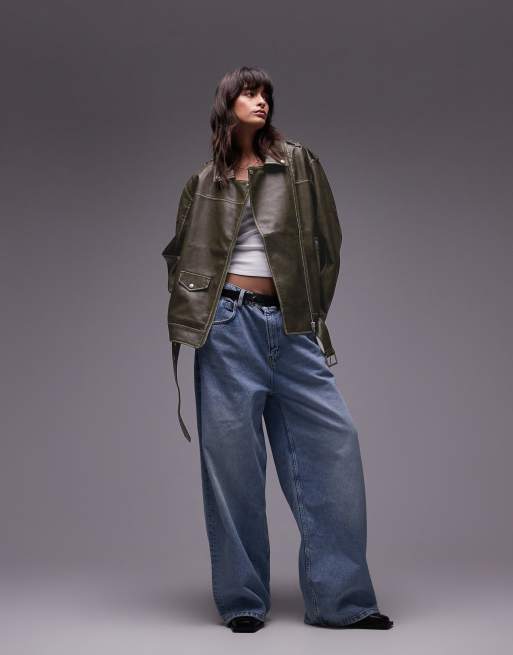 Topshop - Giacca biker in pelle sintetica verde slavato super oversize