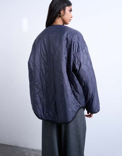 Topshop - Giacca blu navy senza colletto bicolore con fodera in pile, 3 di 4