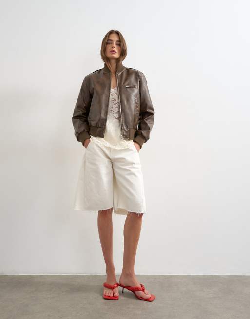 Topshop - Giacca bomber aderente in pelle sintetica marrone slavato, 2 di 4