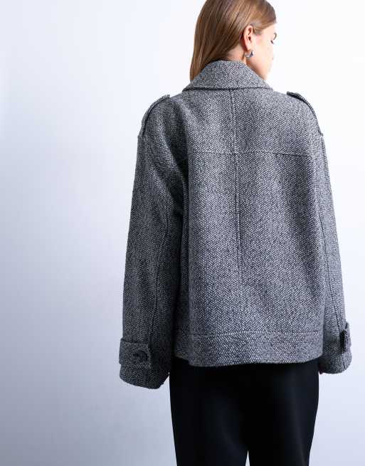 Topshop - Giacca bomber anni '80 elegante e doppiopetto grigia in misto lana, 3 di 4