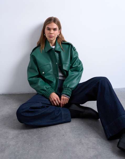 Topshop - Giacca bomber anni '80 in similpelle PU verde scuro in rilievo - view 1