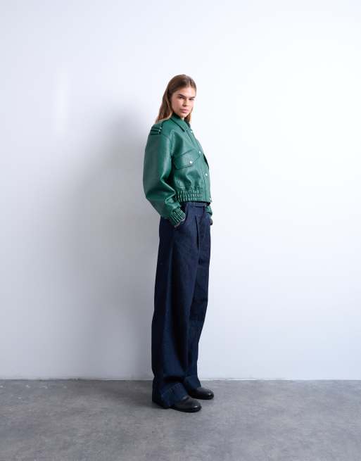Topshop - Giacca bomber anni '80 in similpelle PU verde scuro in rilievo, 2 di 4