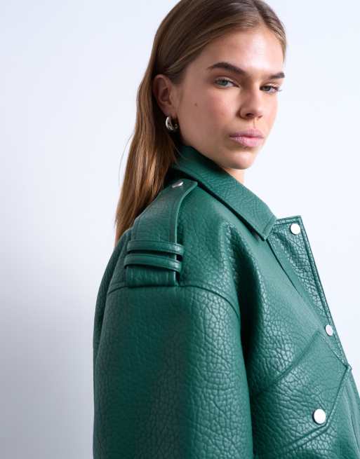 Topshop - Giacca bomber anni '80 in similpelle PU verde scuro in rilievo, 3 di 4