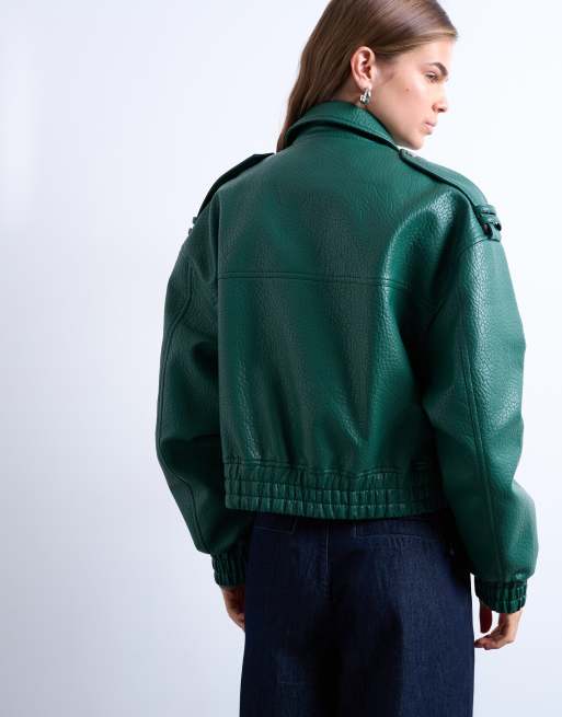 Topshop - Giacca bomber anni '80 in similpelle PU verde scuro in rilievo, 4 di 4