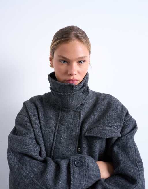 Topshop - Giacca bomber color antracite effetto lana con linguetta, 4 di 4