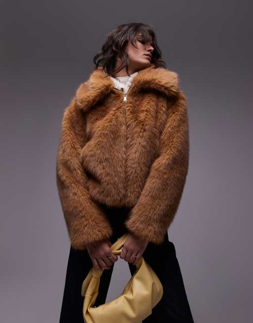 Topshop - Giacca bomber in pelle sintetica marrone slavato
