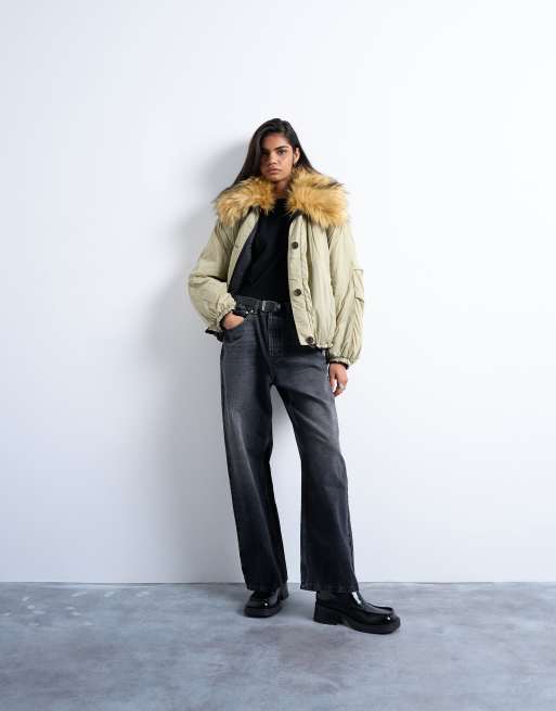 Topshop - Giacca bomber ibrida double-face con colletto in pelliccia verde, 2 di 4