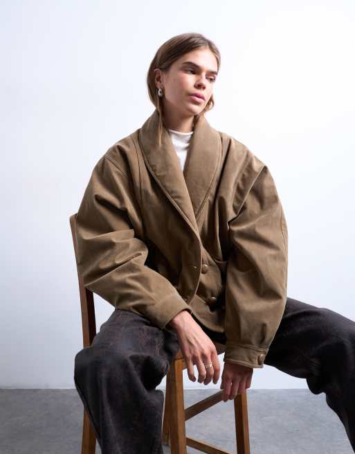 Topshop - Giacca bomber in camoscio sintetico color cuoio con scollo sciallato