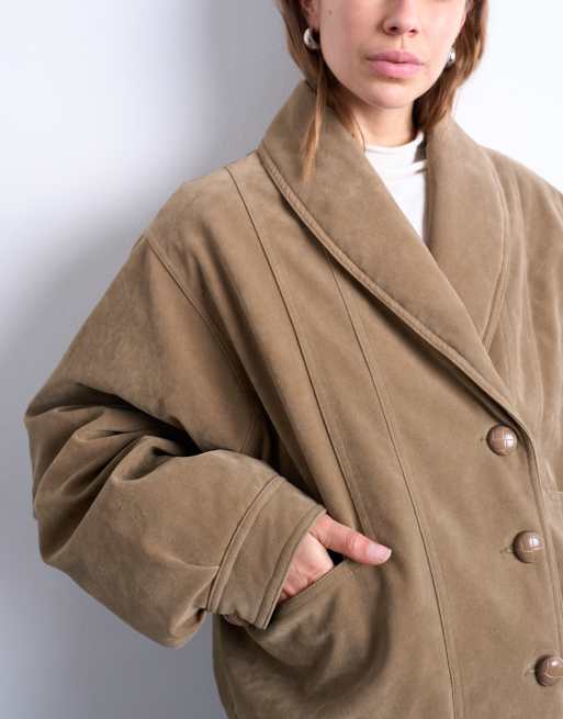 Topshop - Giacca bomber in camoscio sintetico color cuoio con scollo sciallato, 4 di 4