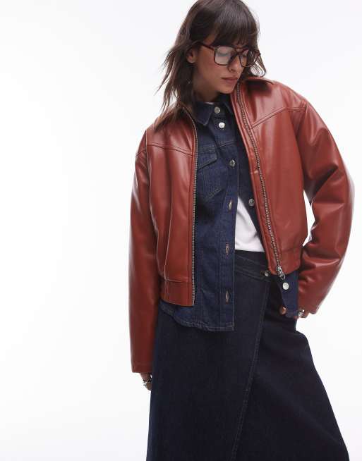 Topshop - Giacca bomber in pelle sintetica color ruggine