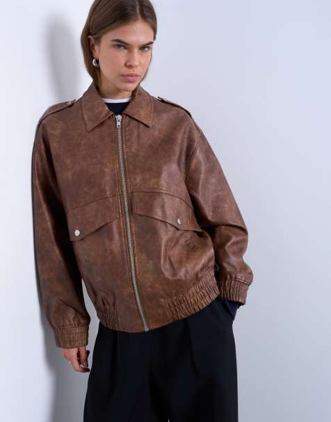 Topshop - Giacca bomber in pelle sintetica marrone slavato - view 1