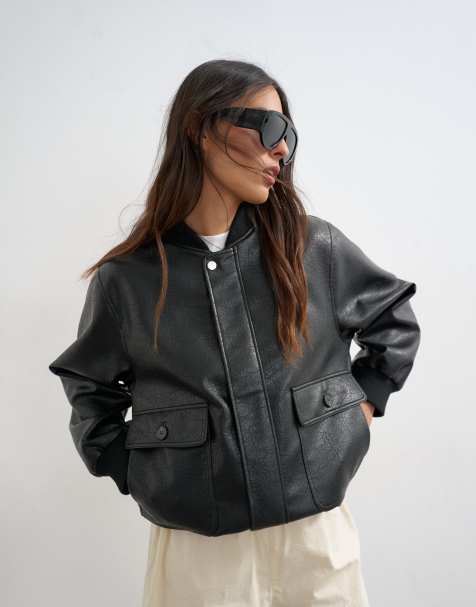 Topshop - Giacca bomber in pelle sintetica nera con colletto - view 1