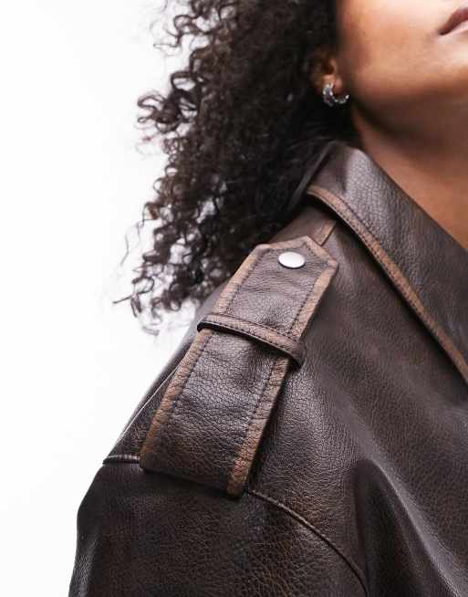 Topshop - Giacca bomber in pelle sintetica pieno fiore marrone, 3 di 5