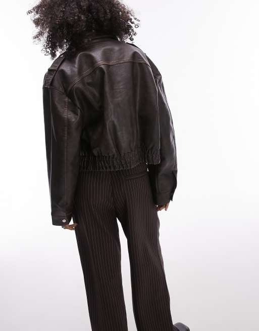 Topshop - Giacca bomber in pelle sintetica pieno fiore marrone, 4 di 5