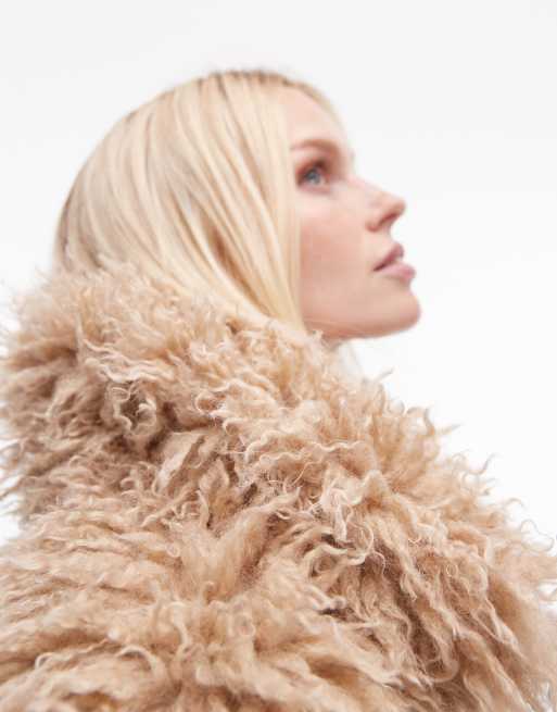 Topshop - Giacca bomber in pelliccia sintetica a pelo lungo marrone chiaro, 3 di 4