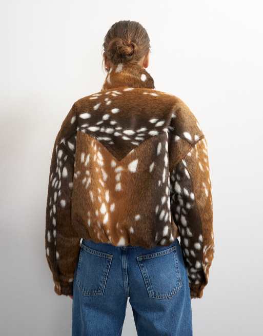 Topshop giacca bomber in pelliccia sintetica con collo alto e stampa cervo, 4 di 4