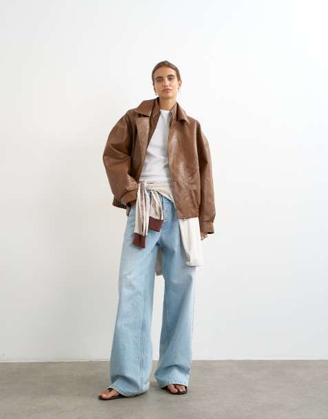 Topshop giacca bomber in similpelle con dettagli di cucitura color cuoio - view 1